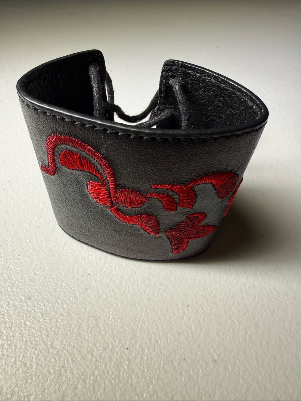 Vintage Armani Exchange Black Leather Bracelet with Red Embroidery